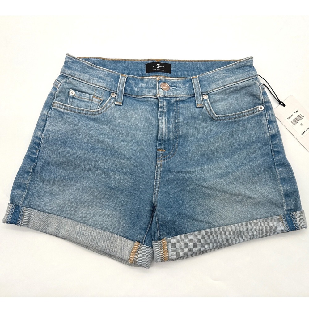 $185 Seven 7 For All Mankind Mid Roll Denim Shorts Cuffed Casual Blue Jean 25‎